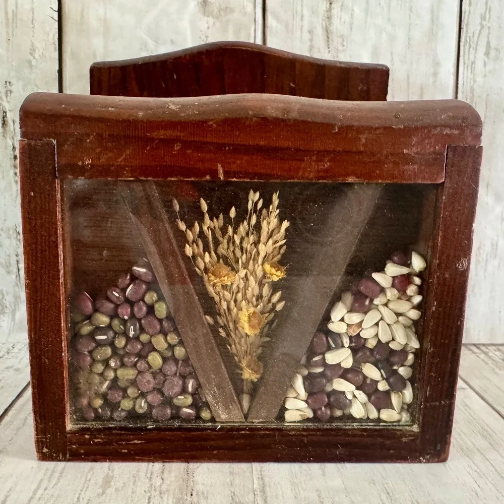 Vintage Wooden Napkin Holder Shadow Box Dried Wheat Beans Seeds Farmhouse Decor